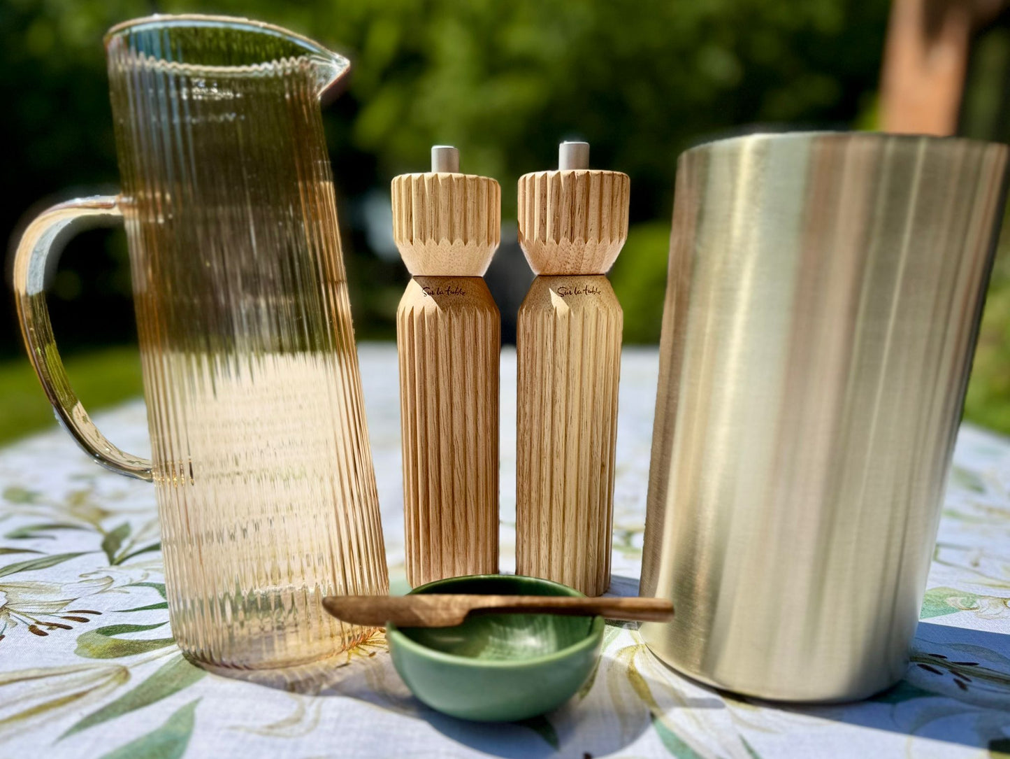 Wine cooler, salt and pepper pots, butter dish and water jug from tablescape rental collection
